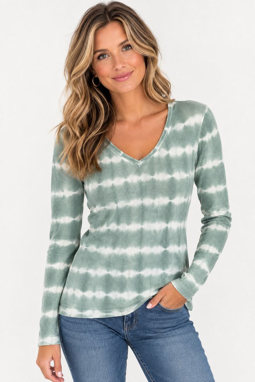 Calvin Klein Green White Stripe Waffle Knit V-Neck Long Sleeve Top Women's S